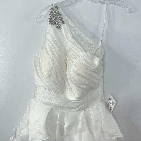 Mac Duggal 49541 Jewel Broach One Shoulder Cascade Layered Gown, White, Size 4 - Picture 4 of 13